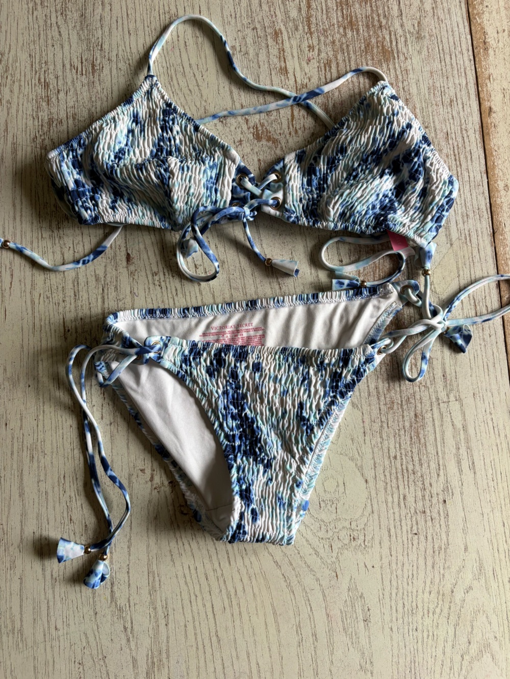 Victoria's Secret Blue and White Tie-Dye Smocked Bikini